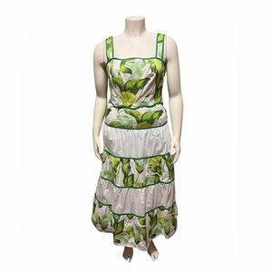 NWT Adelyn Rae Sz L White Green Tropical Floral Tiered Midi Dress Square Neck